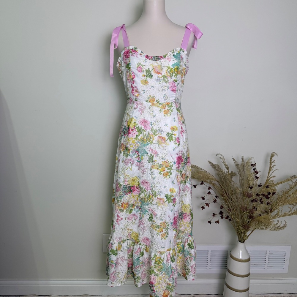 SugarLips White Floral Eyelet Midi Dress Medium Pink Ribbon Tie Shoulder